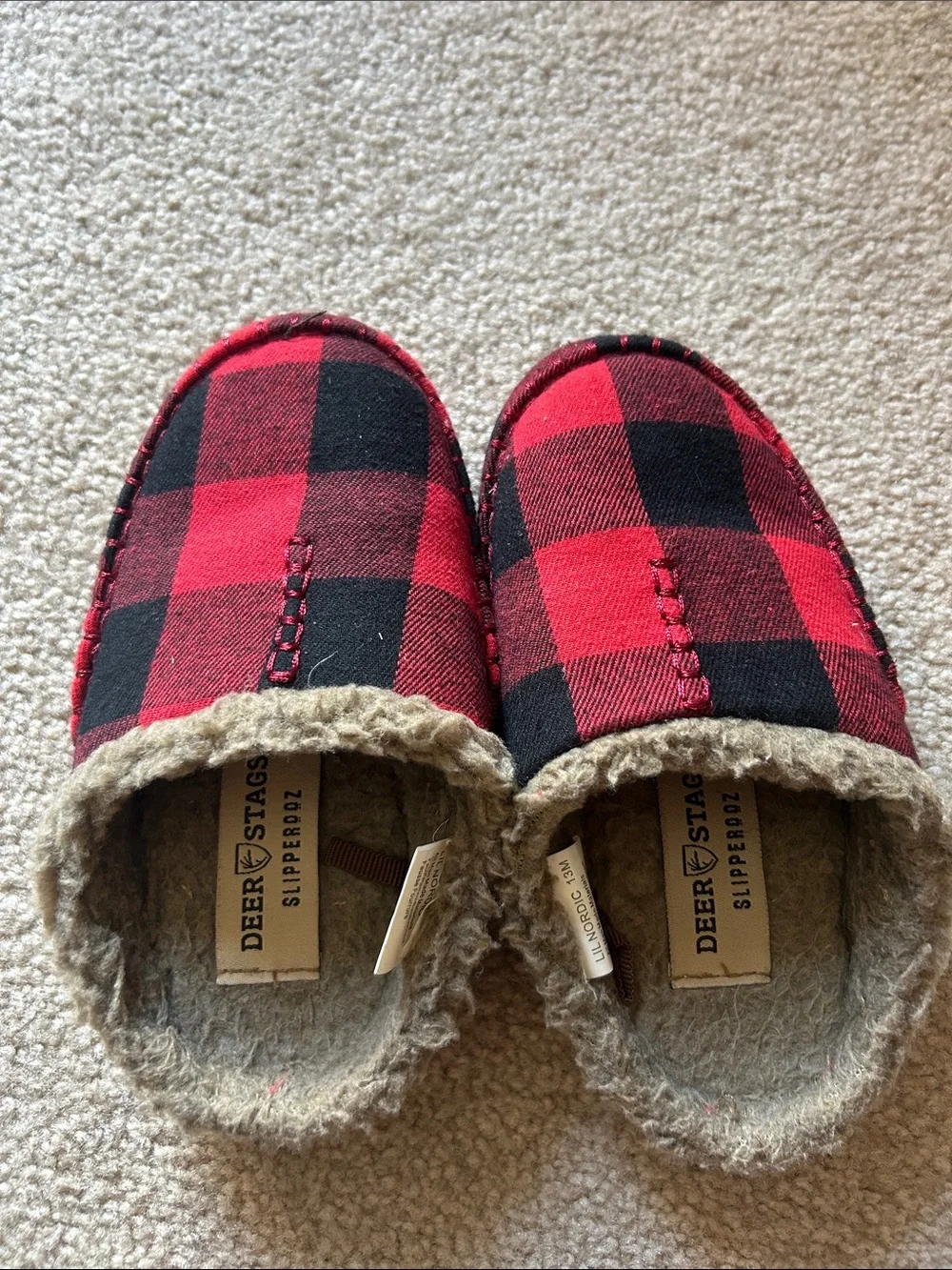 Deer Stags Kids Red and Black Buffalo Plaid Slip-Ons